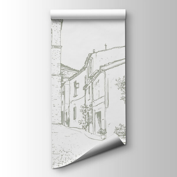 Drawing of a street with buildings and a bell tower Drawing of a street with buildings and a bell tower