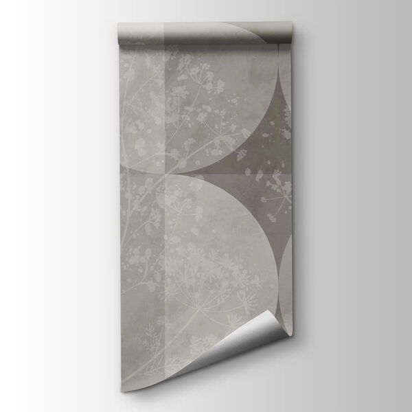 Grey and white wallpaper with white circles and flowers