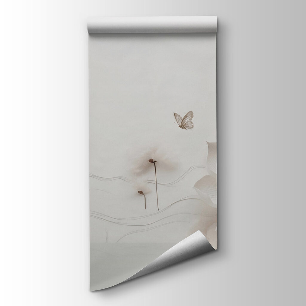 White paper flowers and butterflies on a white surface