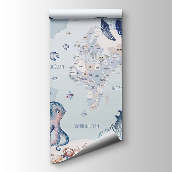 Map of the world with sea animals