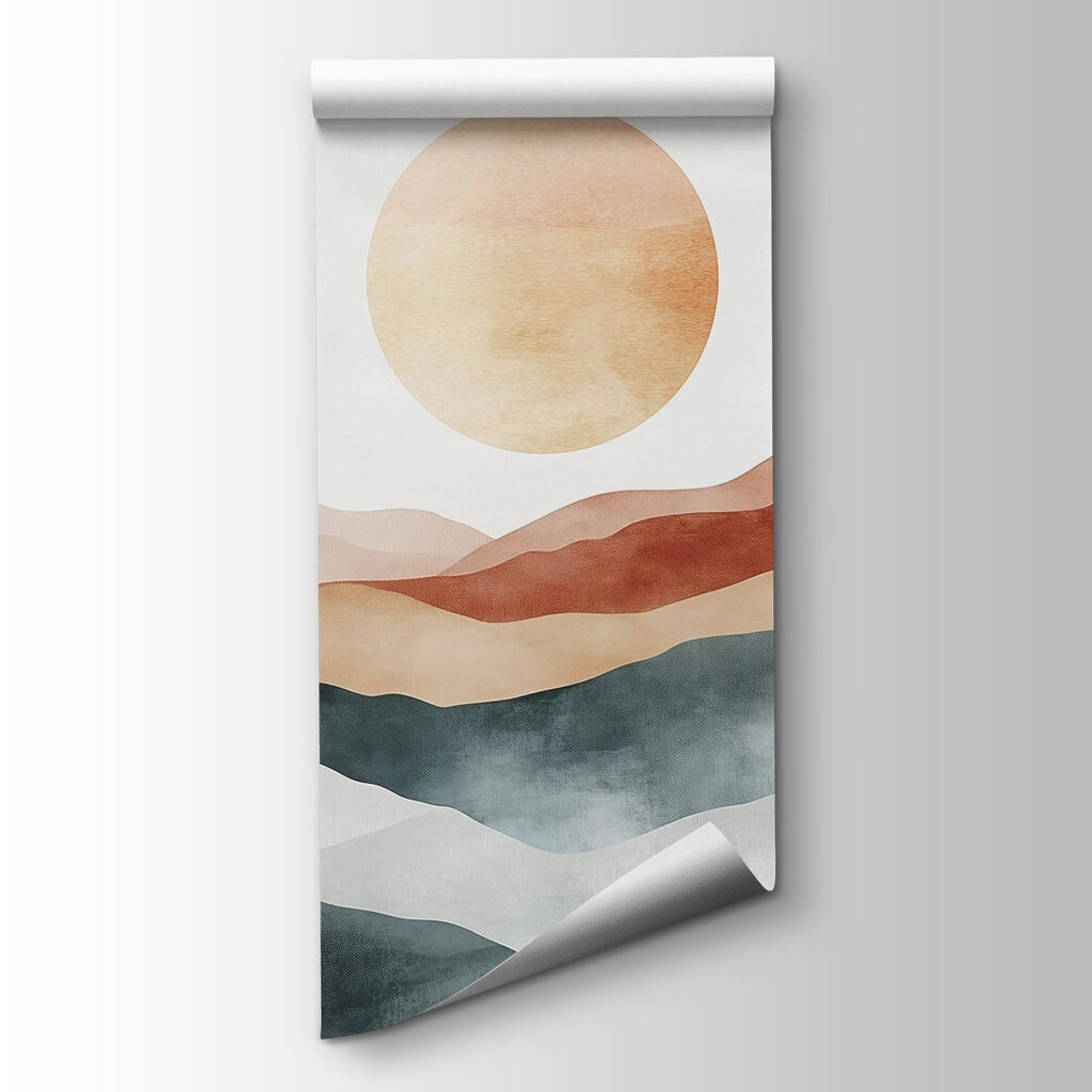 Painting of mountains and sun