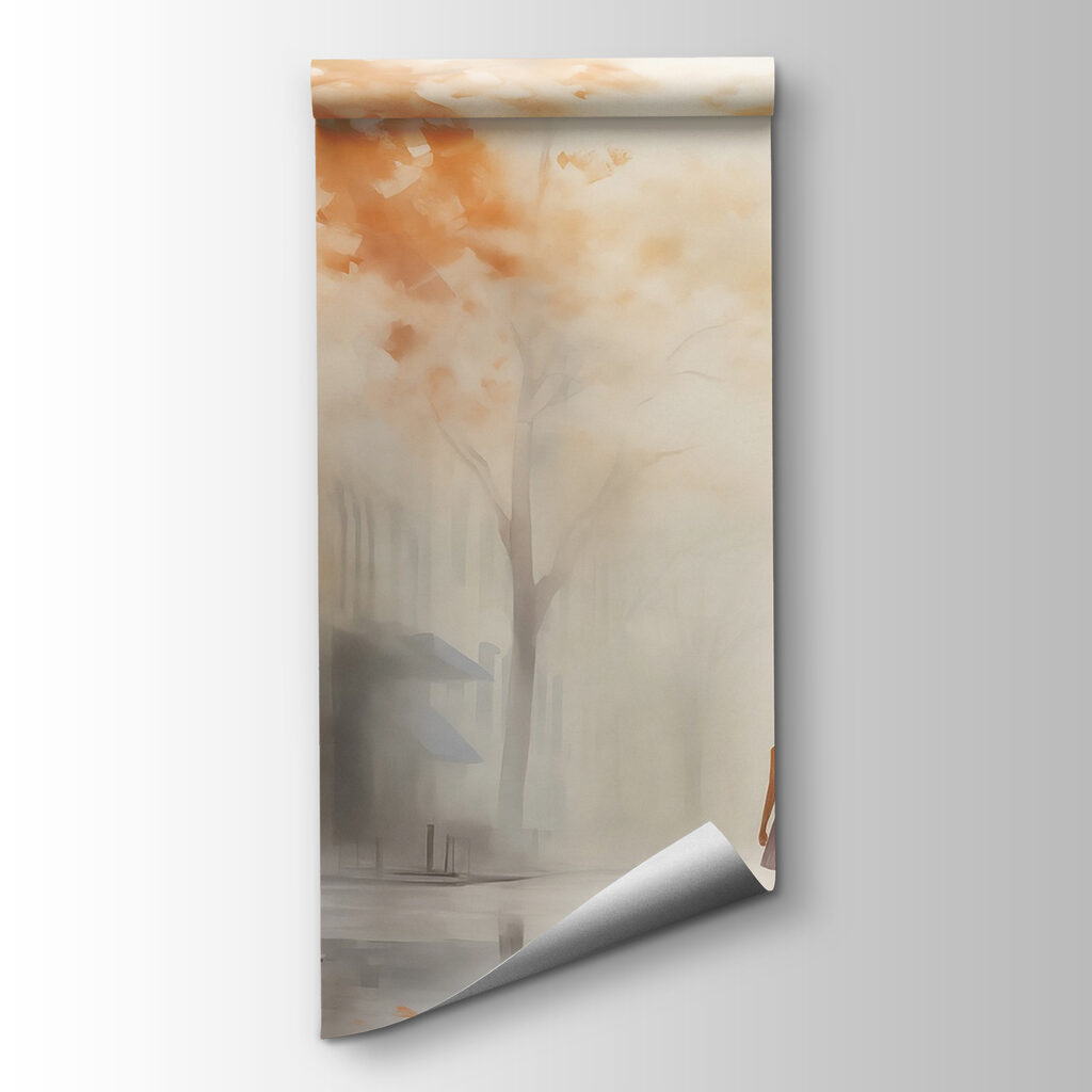 Woman walking down a street in the fog