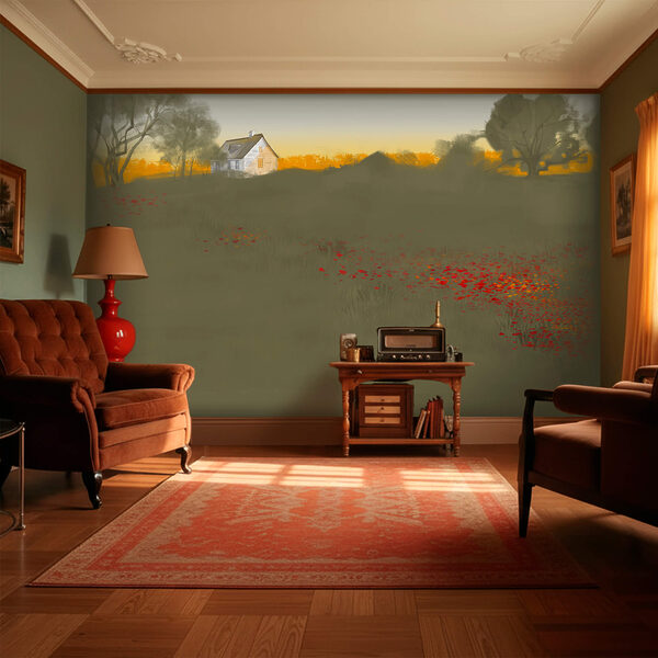 Fototapeta Fototapeta Pole czerwonych kwiatów z domem w tle (SKU: t00525)