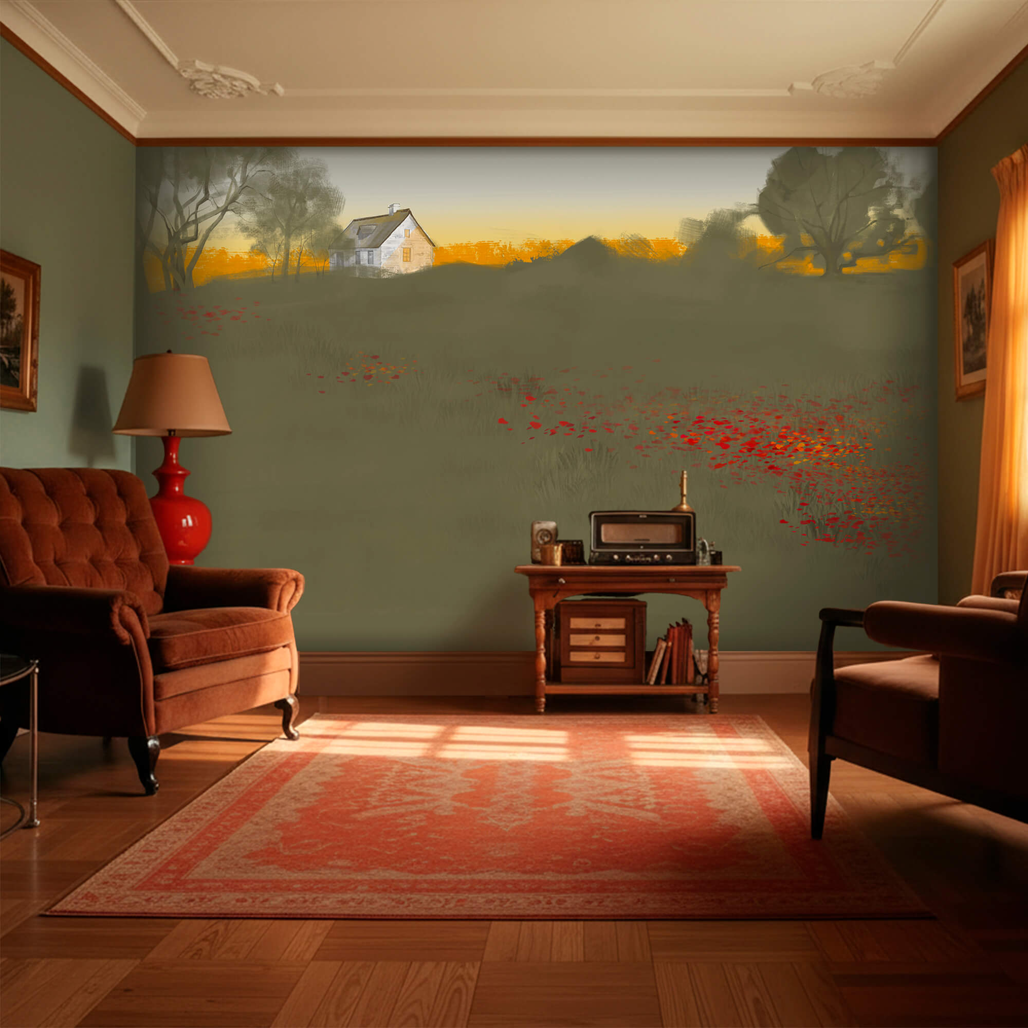 Pole czerwonych kwiatów z domem w tle Pole czerwonych kwiatów z domem w tle