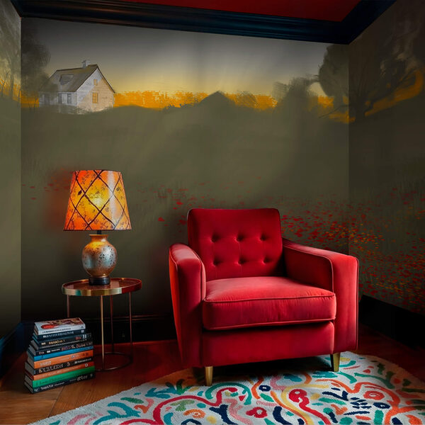 Pole czerwonych kwiatów z domem w tle Pole czerwonych kwiatów z domem w tle