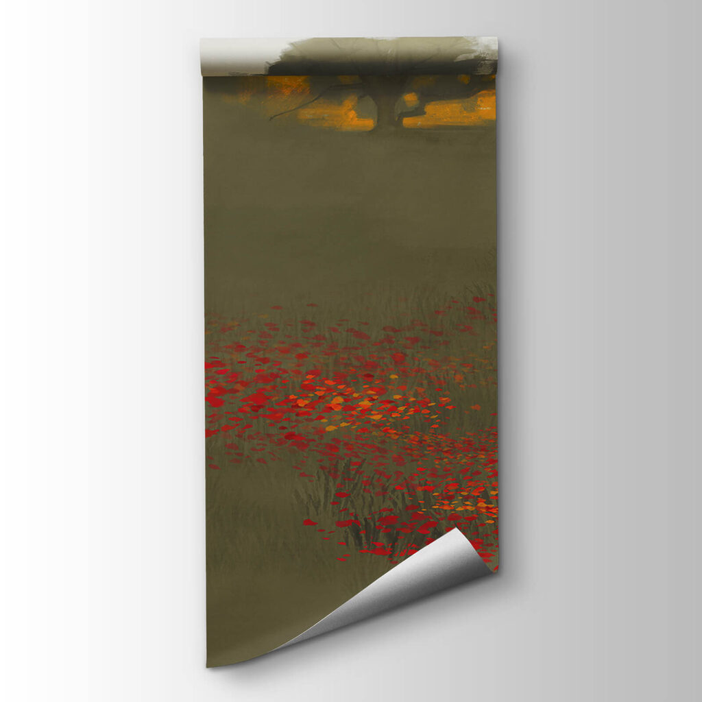 Field of red flowers with a house in the background Field of red flowers with a house in the background