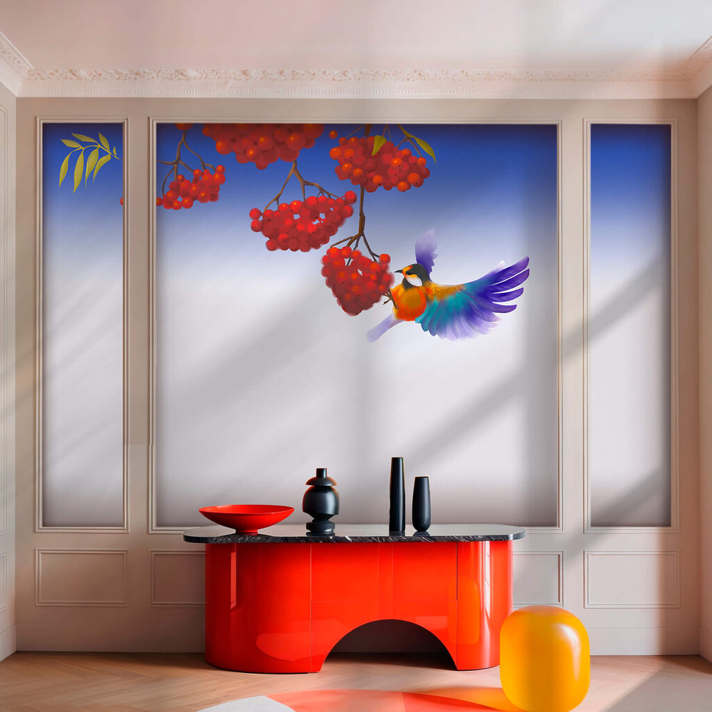 Ptak jedzący kiść czerwonych jagód