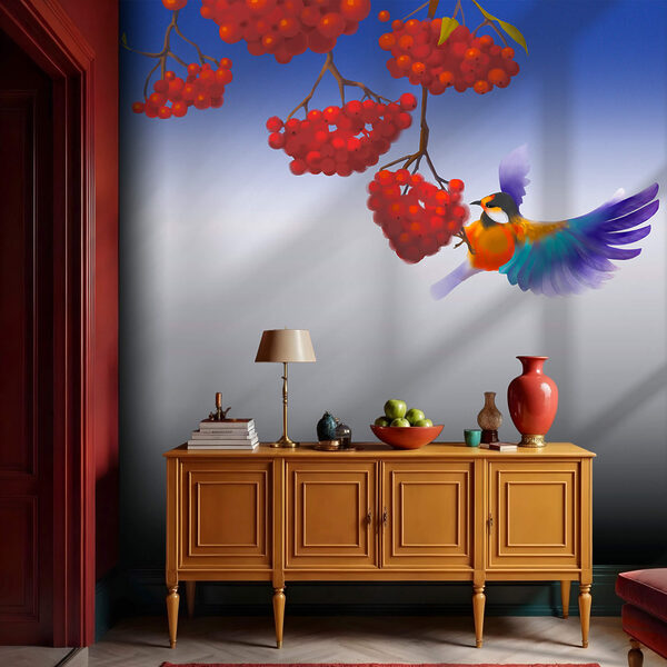 Ptak jedzący kiść czerwonych jagód