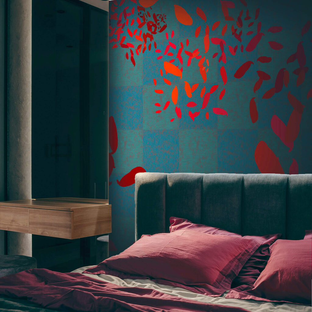 Czerwone liście na niebieskim tle