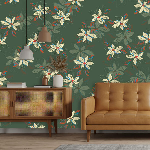 Wzór białych kwiatów i czerwonych liści na zielonym tle