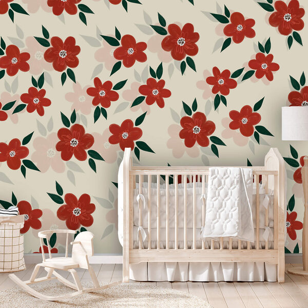 Wzór czerwonych kwiatów i zielonych liści