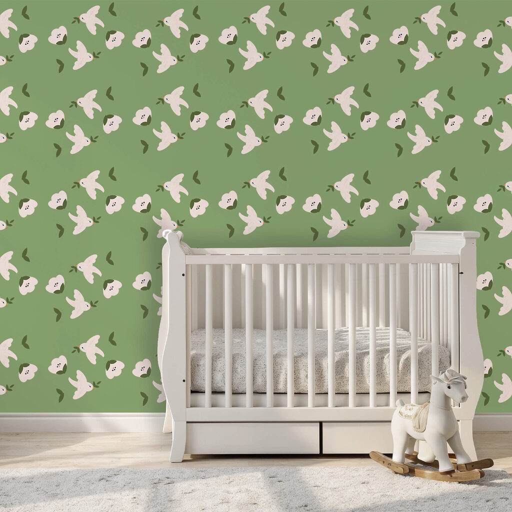 Wzór białych ptaków i zielonych liści