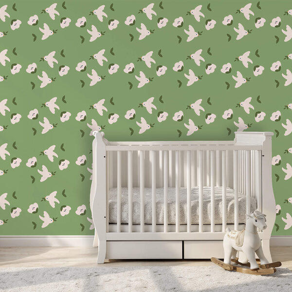 Wzór białych ptaków i zielonych liści