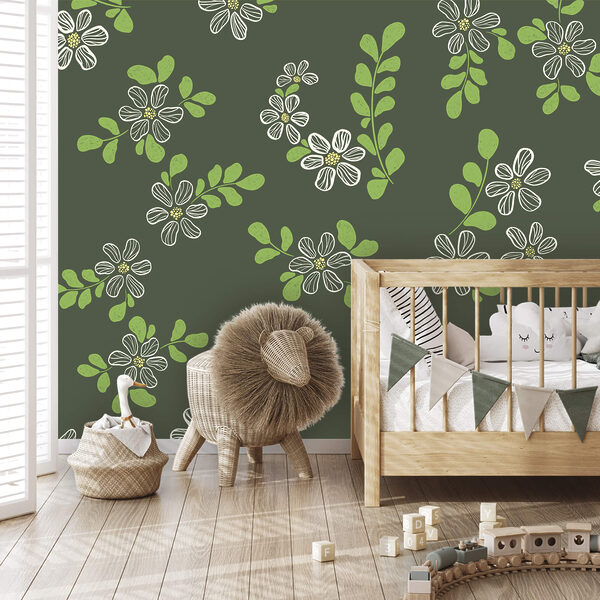 Fototapeta Fototapeta Wzór z białych kwiatów i zielonych liści (SKU: t00630)