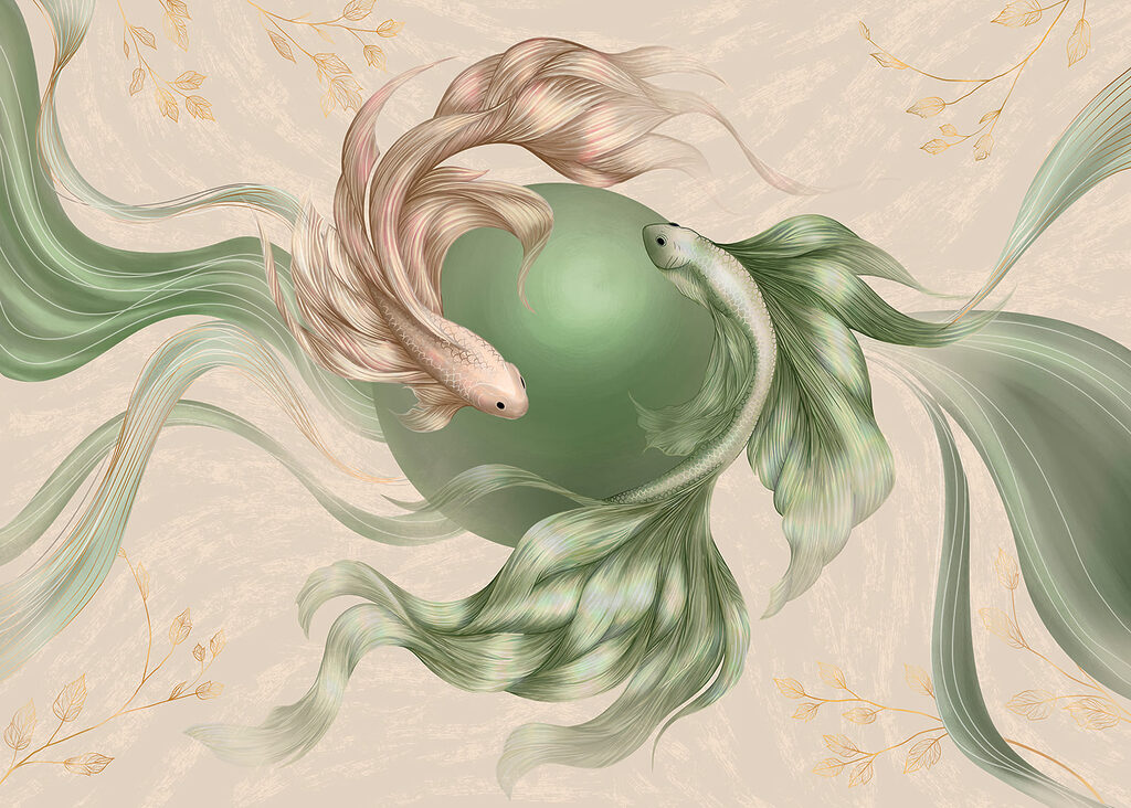 Drawing of fish with a green ball