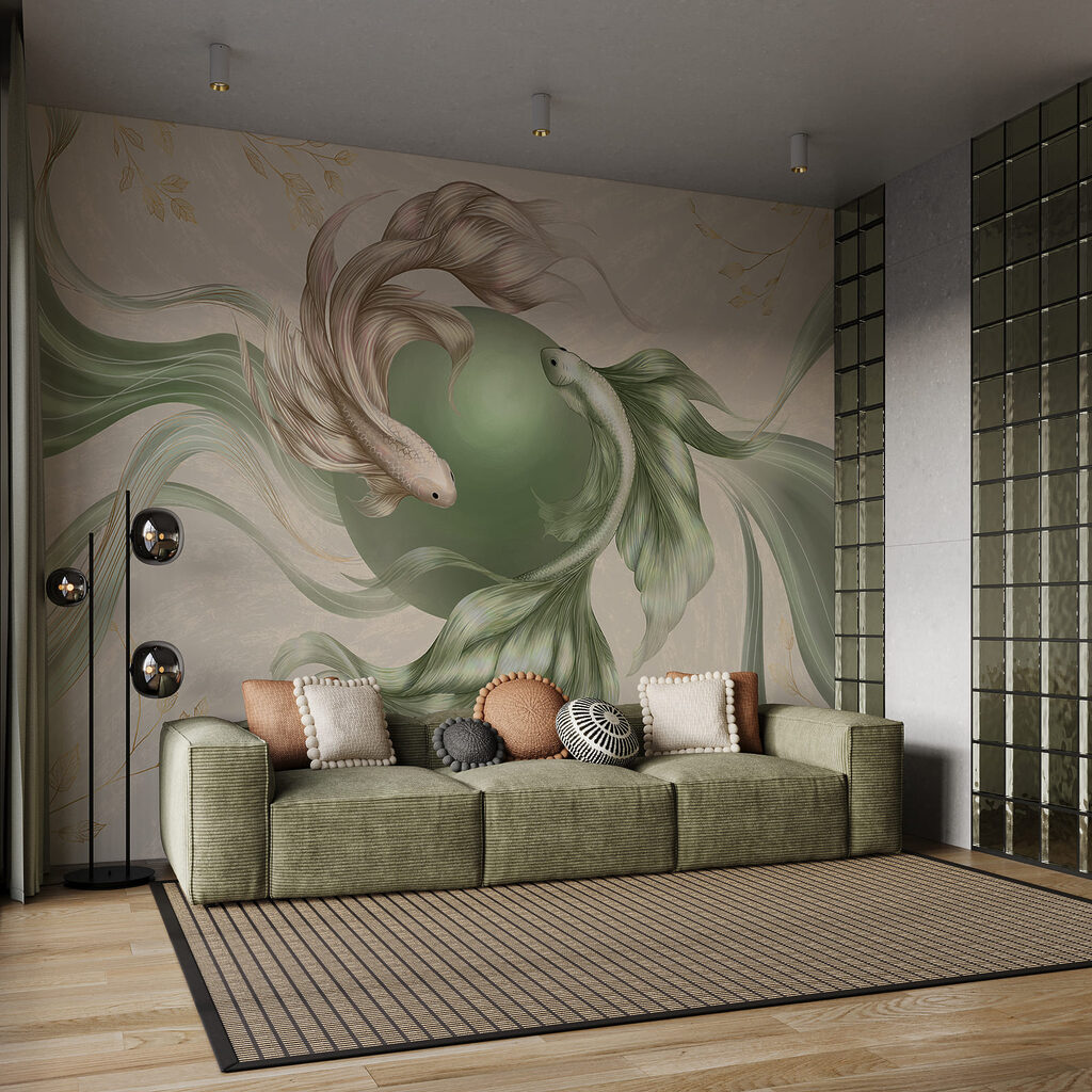 Rysunek przedstawiający rybę z zieloną kulką