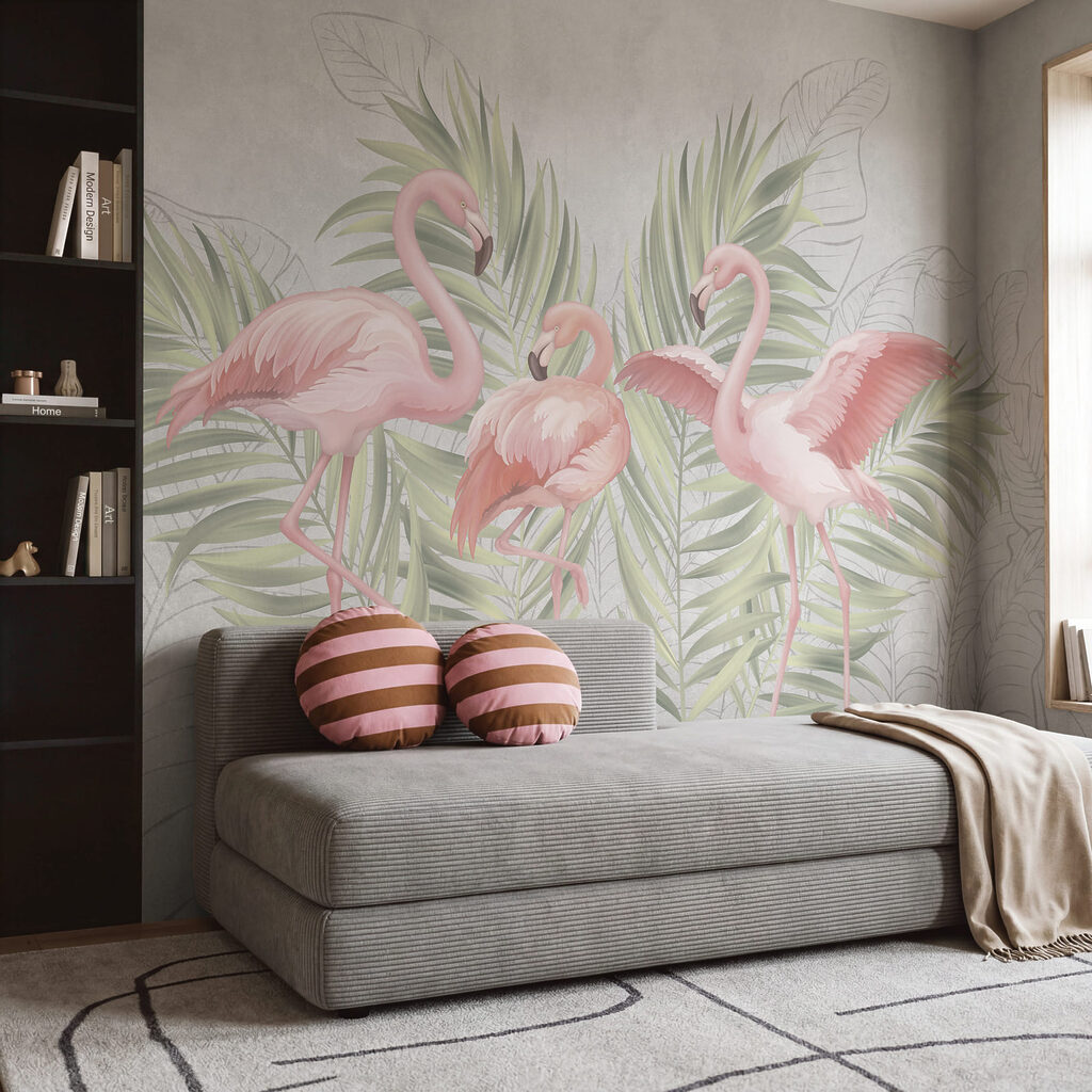 Grupa różowych flamingów z zielonymi liśćmi Grupa różowych flamingów z zielonymi liśćmi