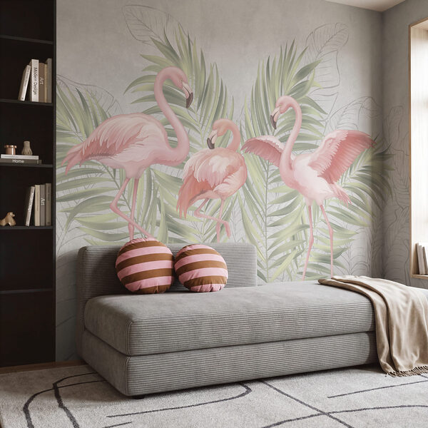 Grupa różowych flamingów z zielonymi liśćmi Grupa różowych flamingów z zielonymi liśćmi