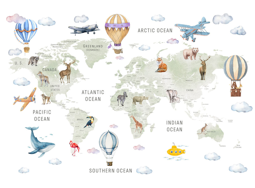 Map of the world with animals and birds