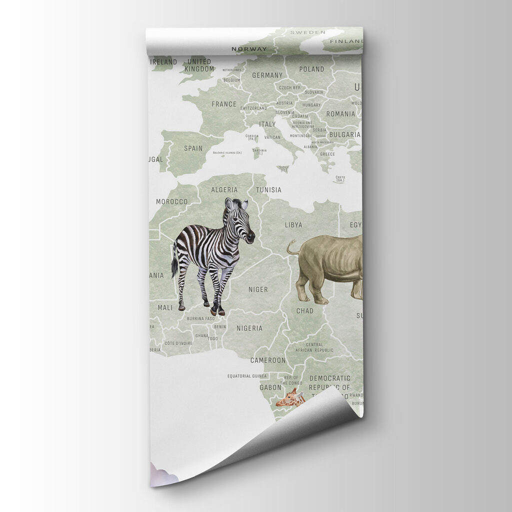 Map of the world with animals and birds