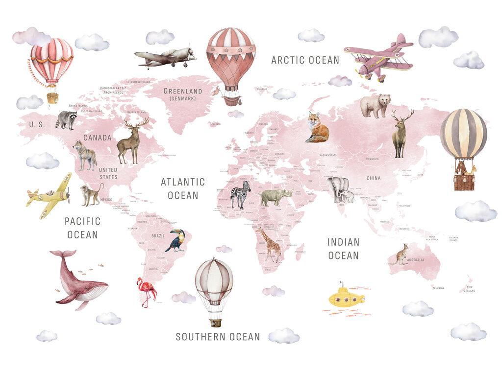 Map of the world with animals and birds Map of the world with animals and birds