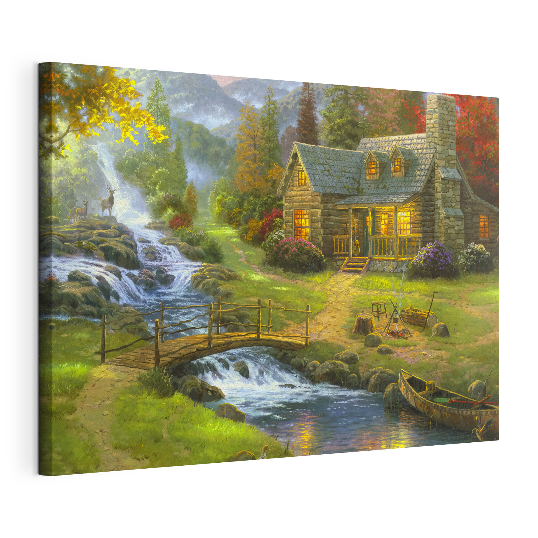 A painting of a log cabin with a bridge over a river A painting of a log cabin with a bridge over a river