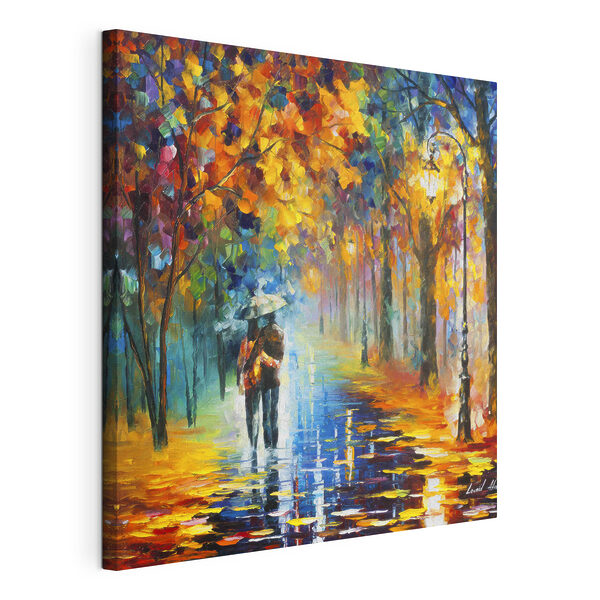Obraz A painting of a couple walking in a park with trees and a lamp post (SKU: s15186)