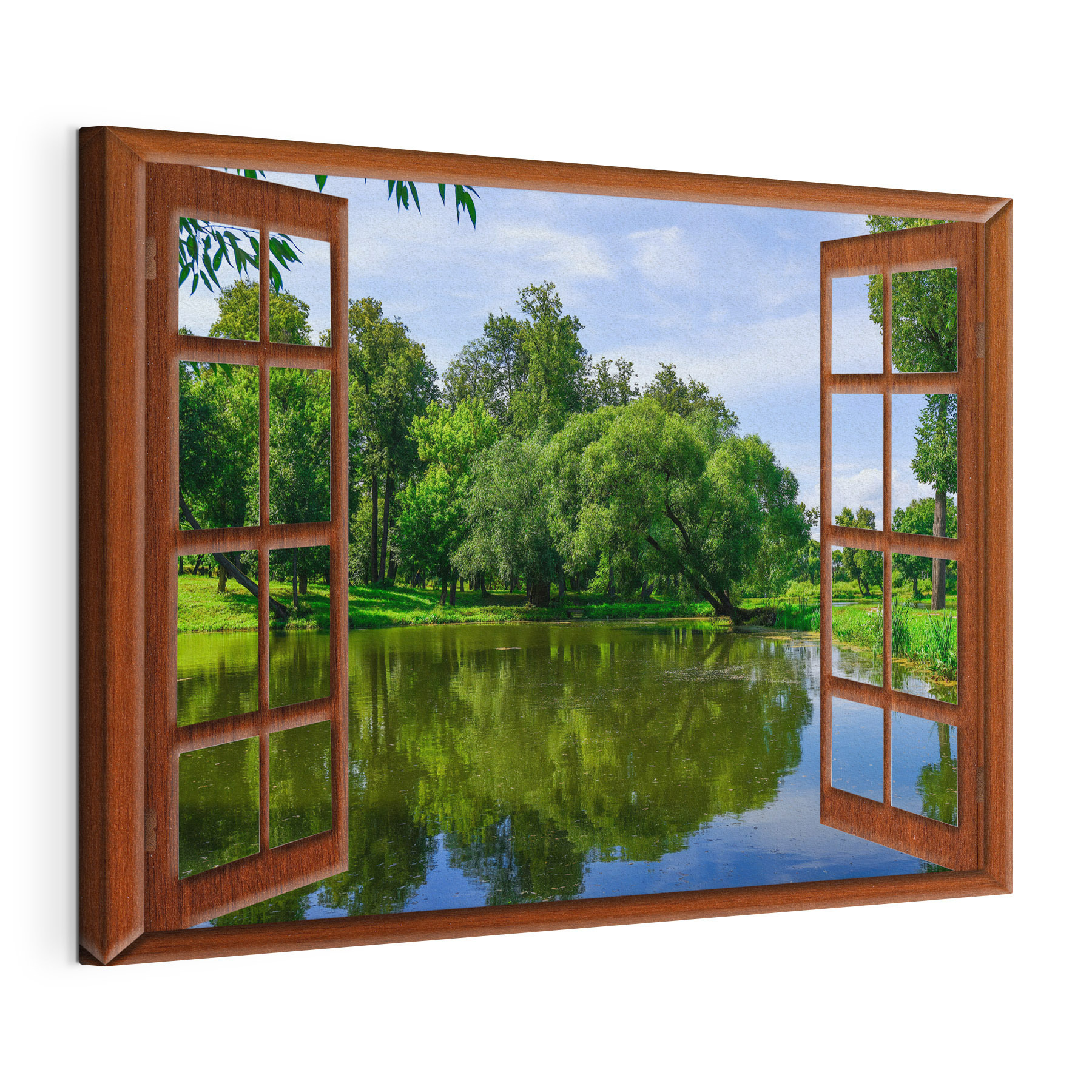 A window with a lake and trees A window with a lake and trees