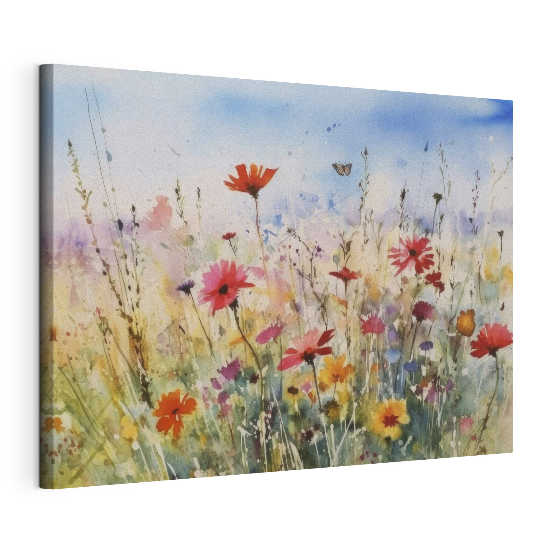 A watercolor painting of flowers and a butterfly