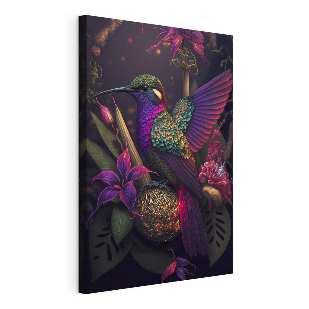 A colorful bird sitting on a ball of flowers A colorful bird sitting on a ball of flowers
