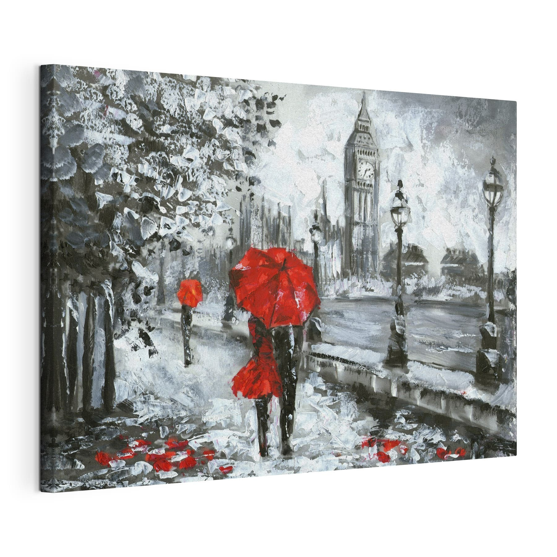 A painting of a couple holding umbrellas in a snowy city