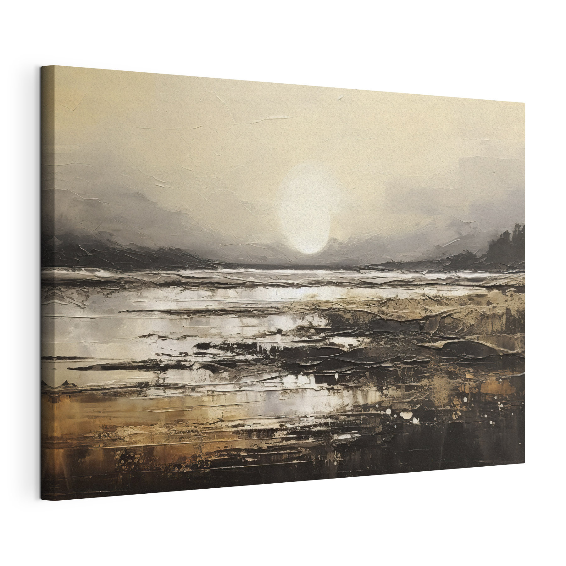 A painting of a beach with the sun in the background A painting of a beach with the sun in the background
