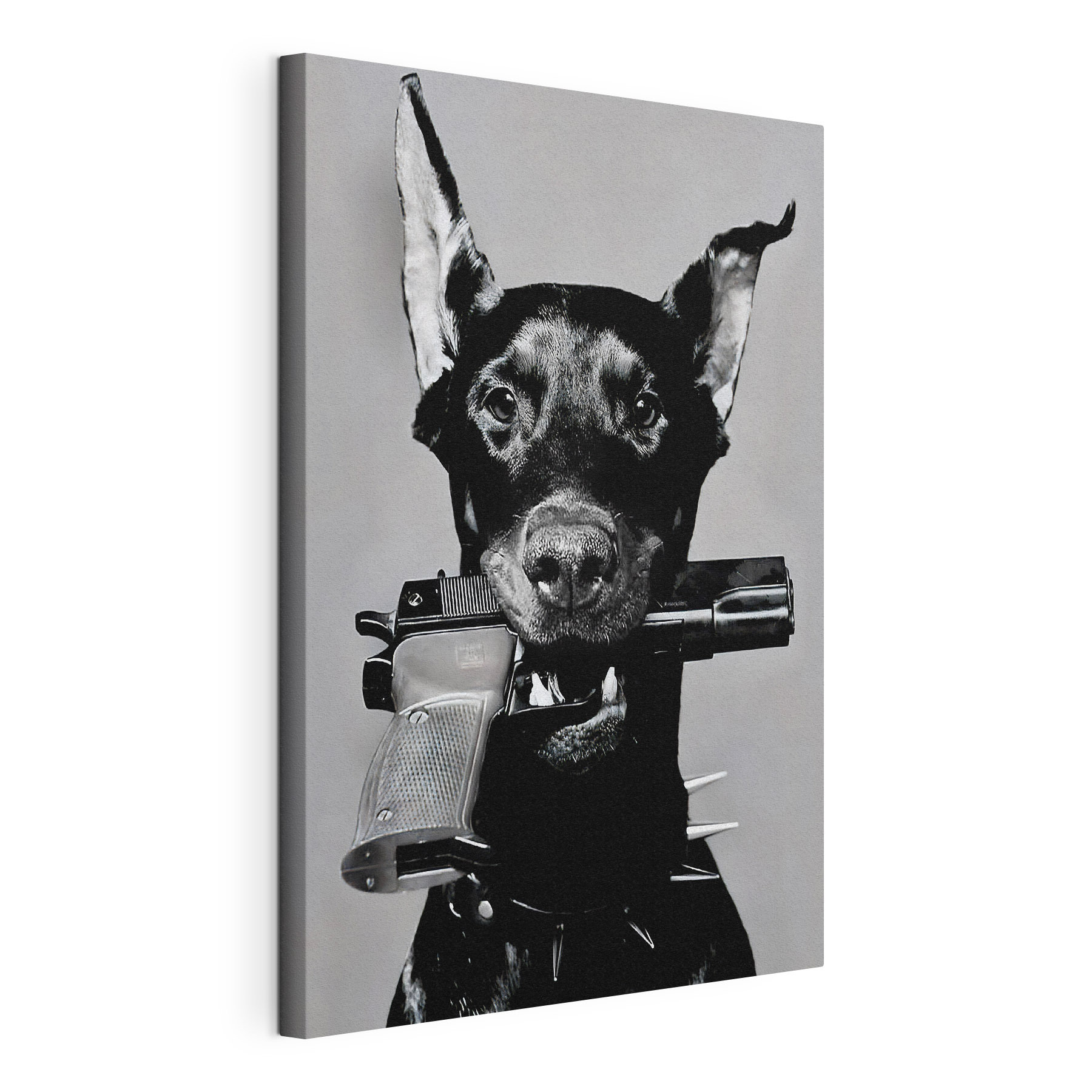 A dog holding a gun
