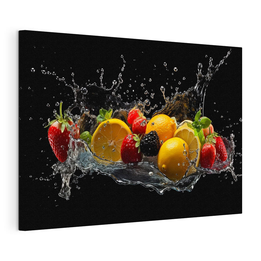 A group of fruits splashing into water