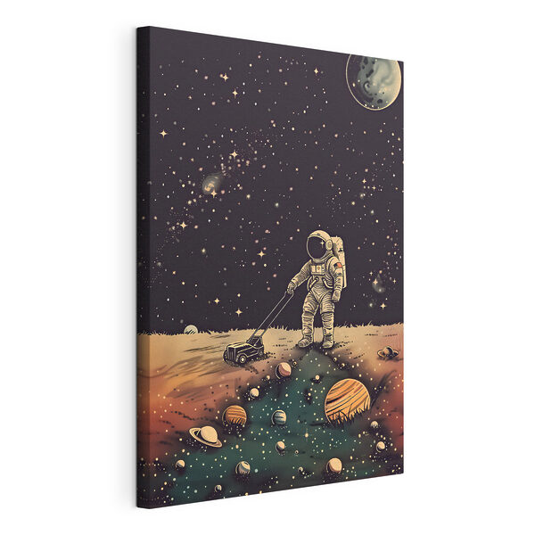Obraz Astronauta ciągnący kosiarkę w kosmosie