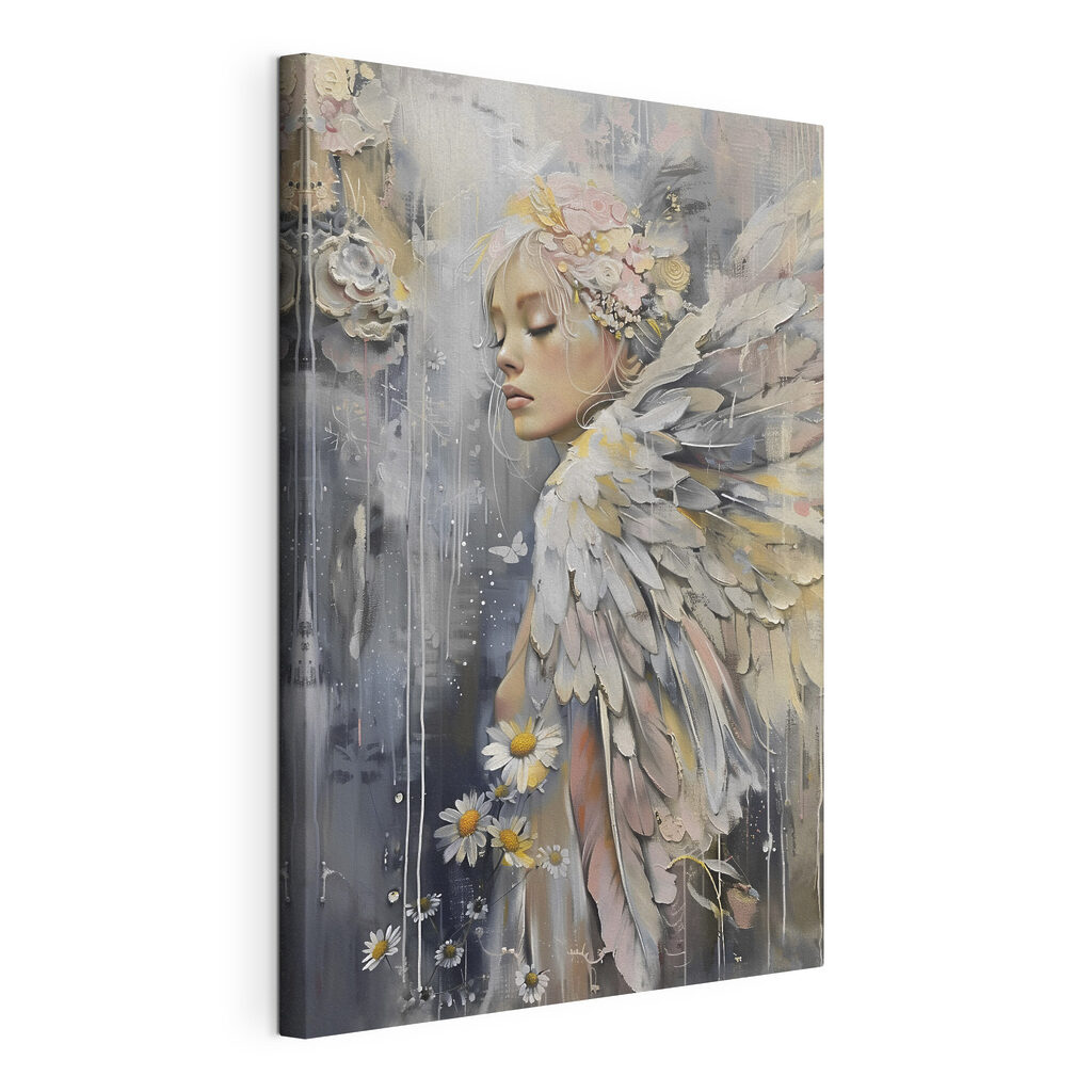 A painting of a woman with wings and flowers