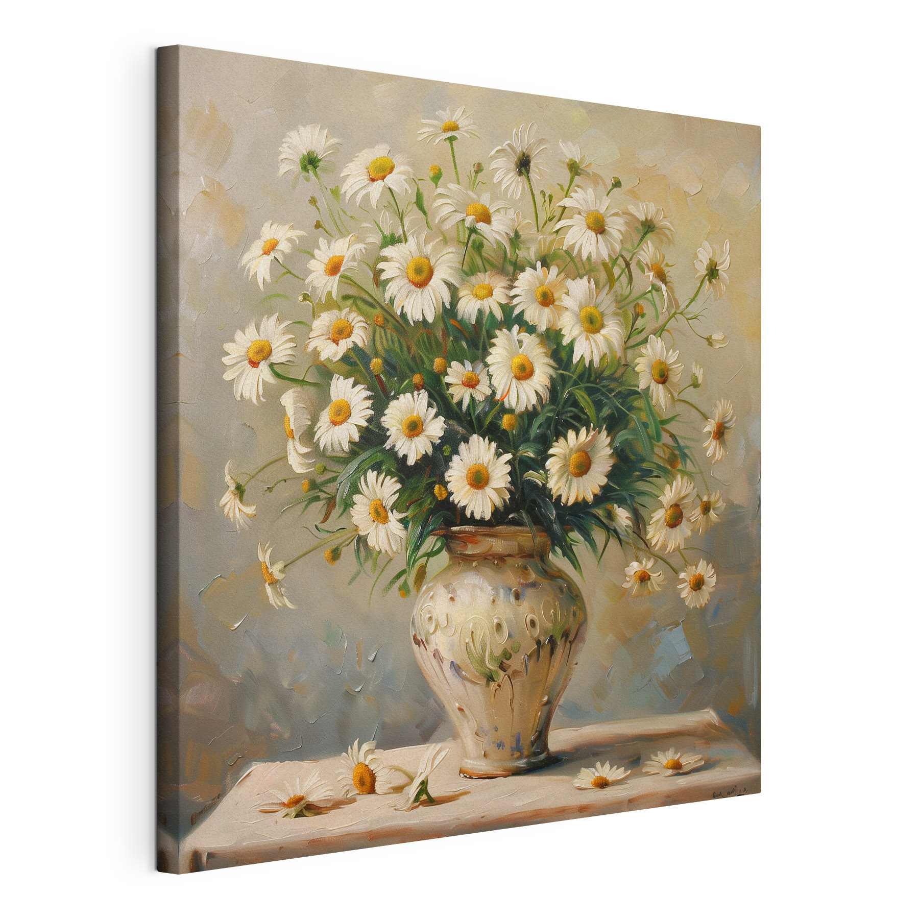 A painting of a vase of daisies