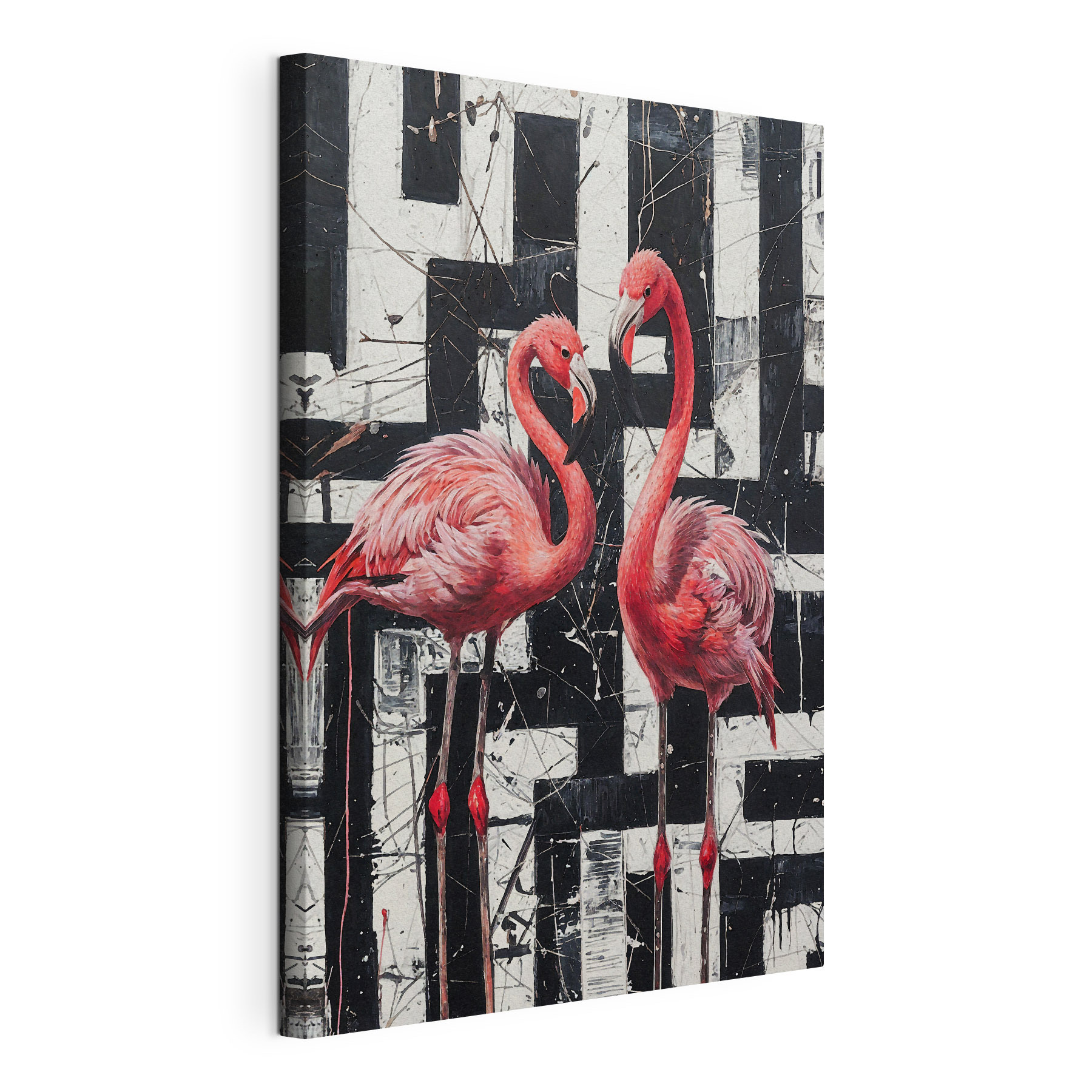 A painting of flamingos on a black and white background A painting of flamingos on a black and white background