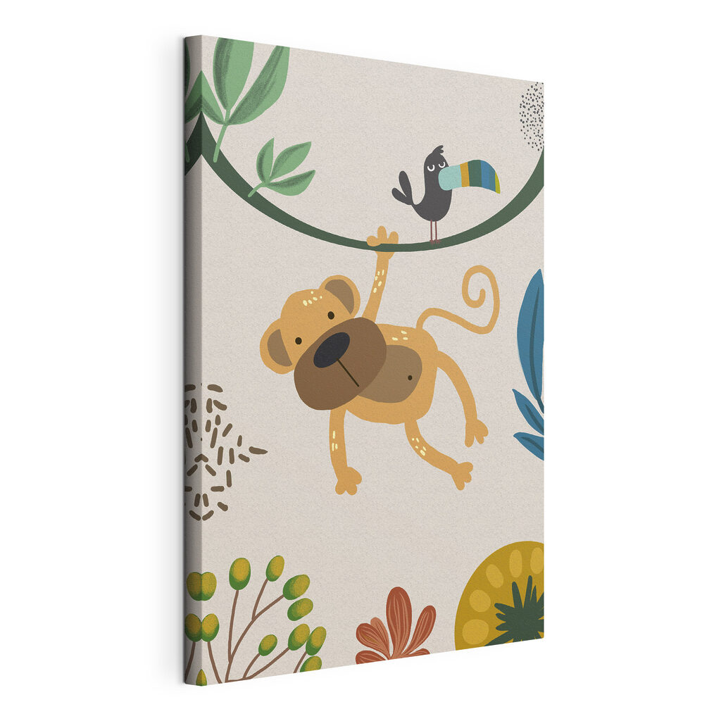 A monkey and bird on a branch