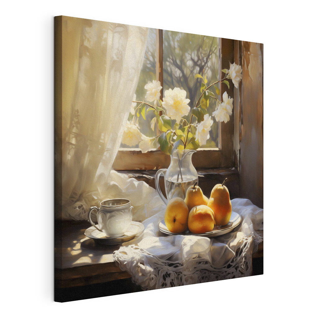 A plate of fruit and a cup on a table next to a vase of flowers
