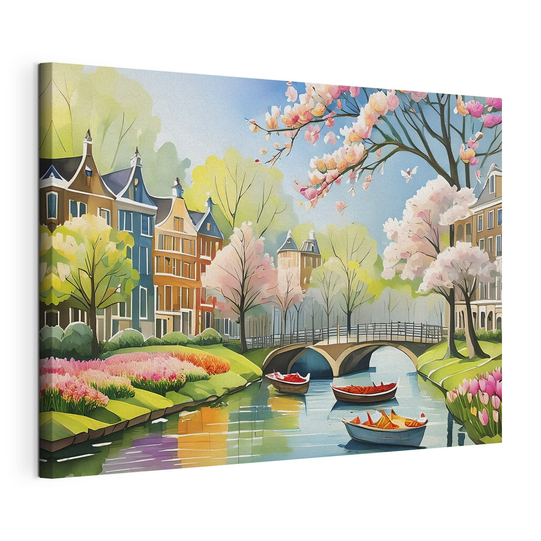 A painting of a river with boats and a bridge and trees
