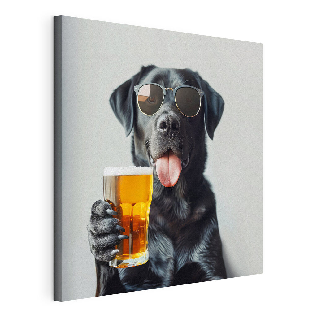 Dog wearing sunglasses and holding a glass of beer