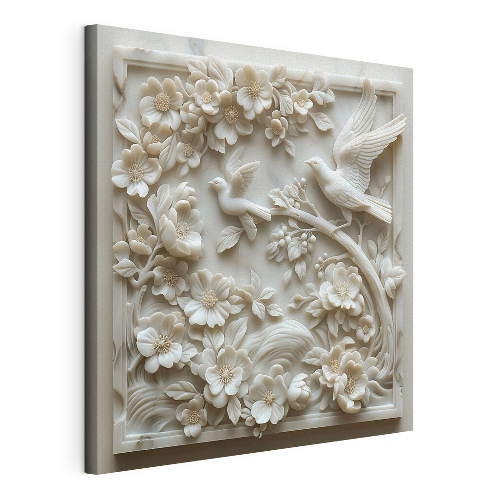 White sculpture of birds and flowers
