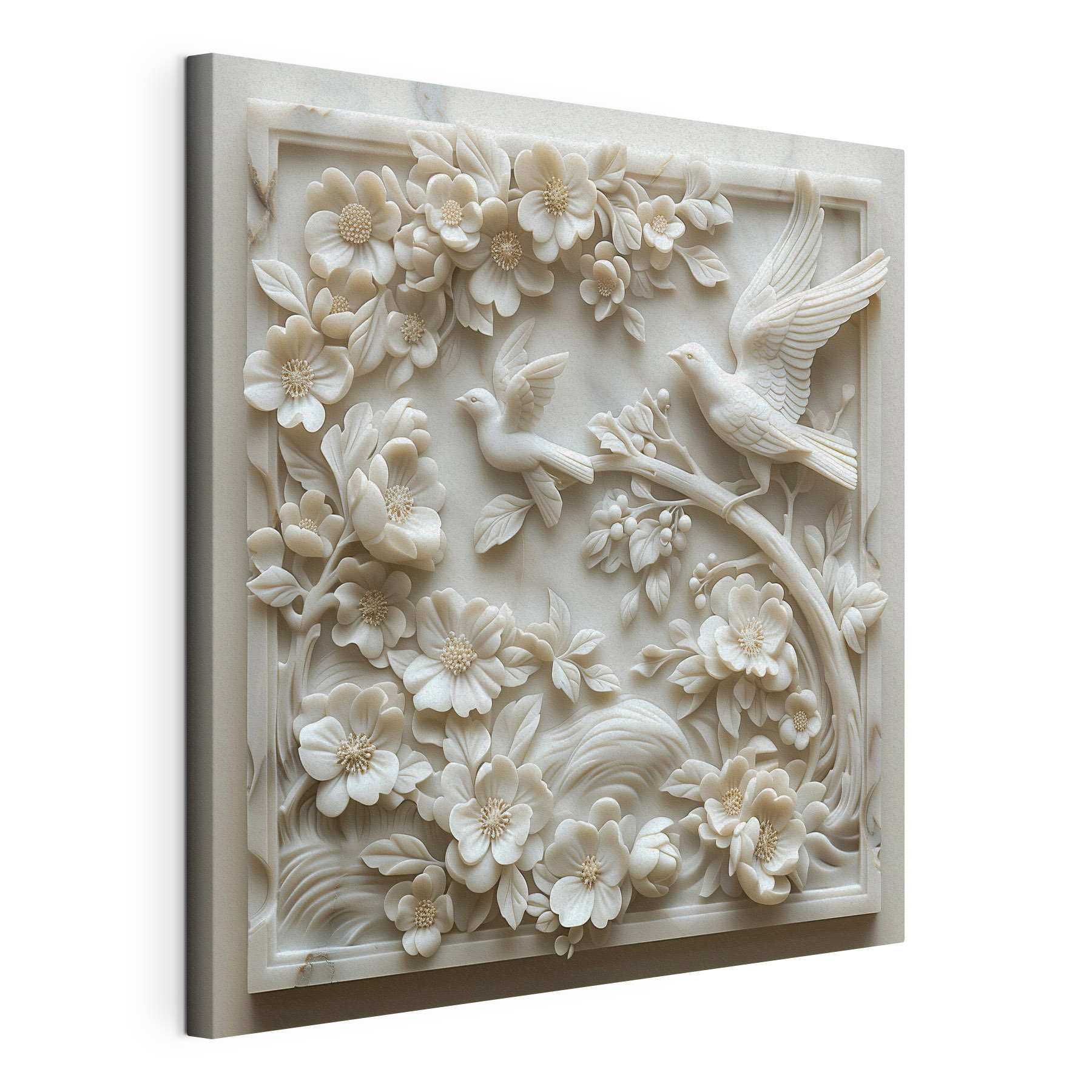 White sculpture of birds and flowers