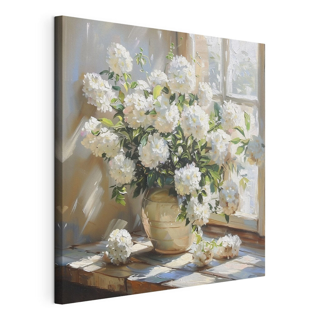 Vase of white flowers in front of a window