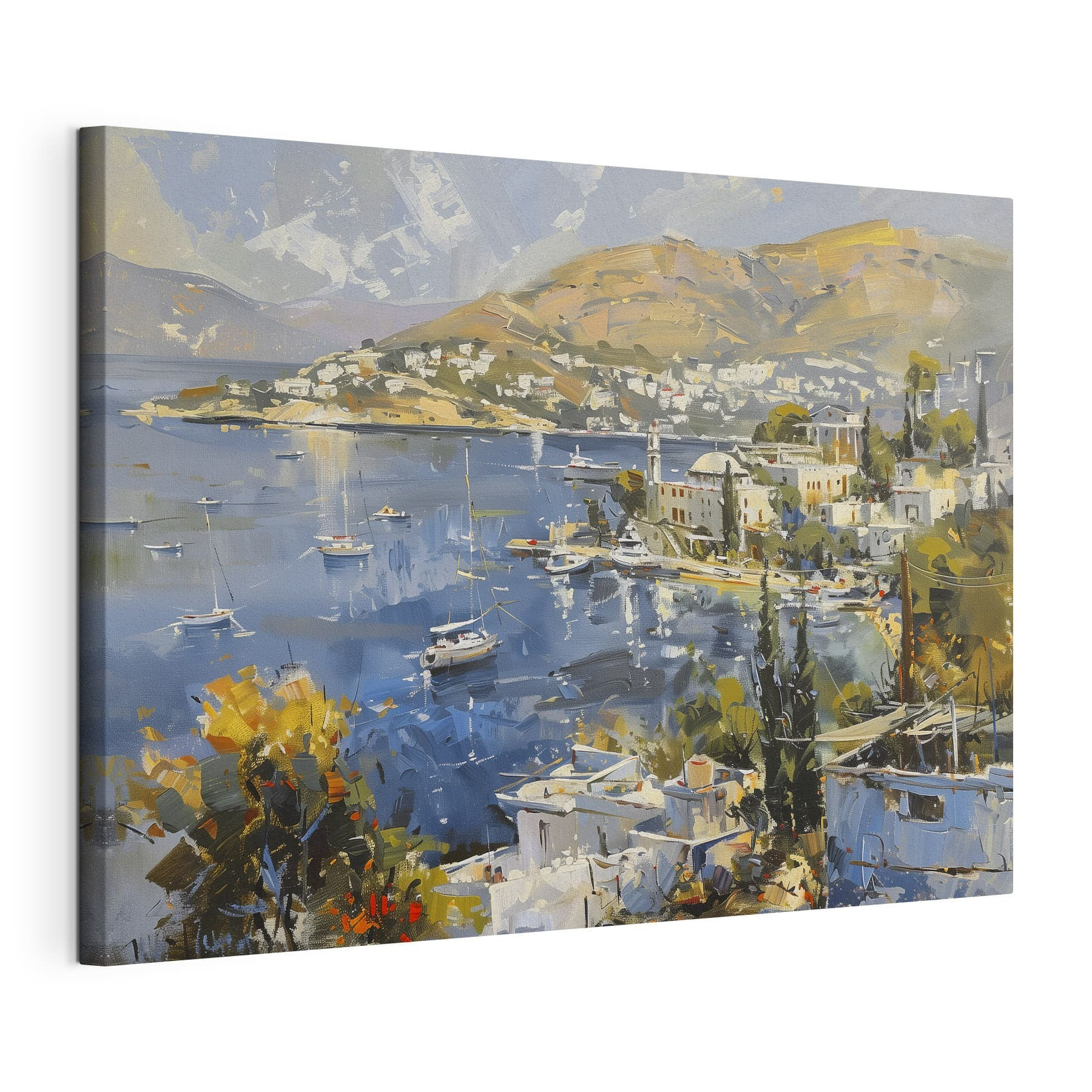 Painting of a city and a body of water