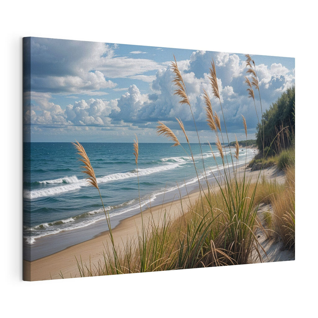 Beach with tall grass and water