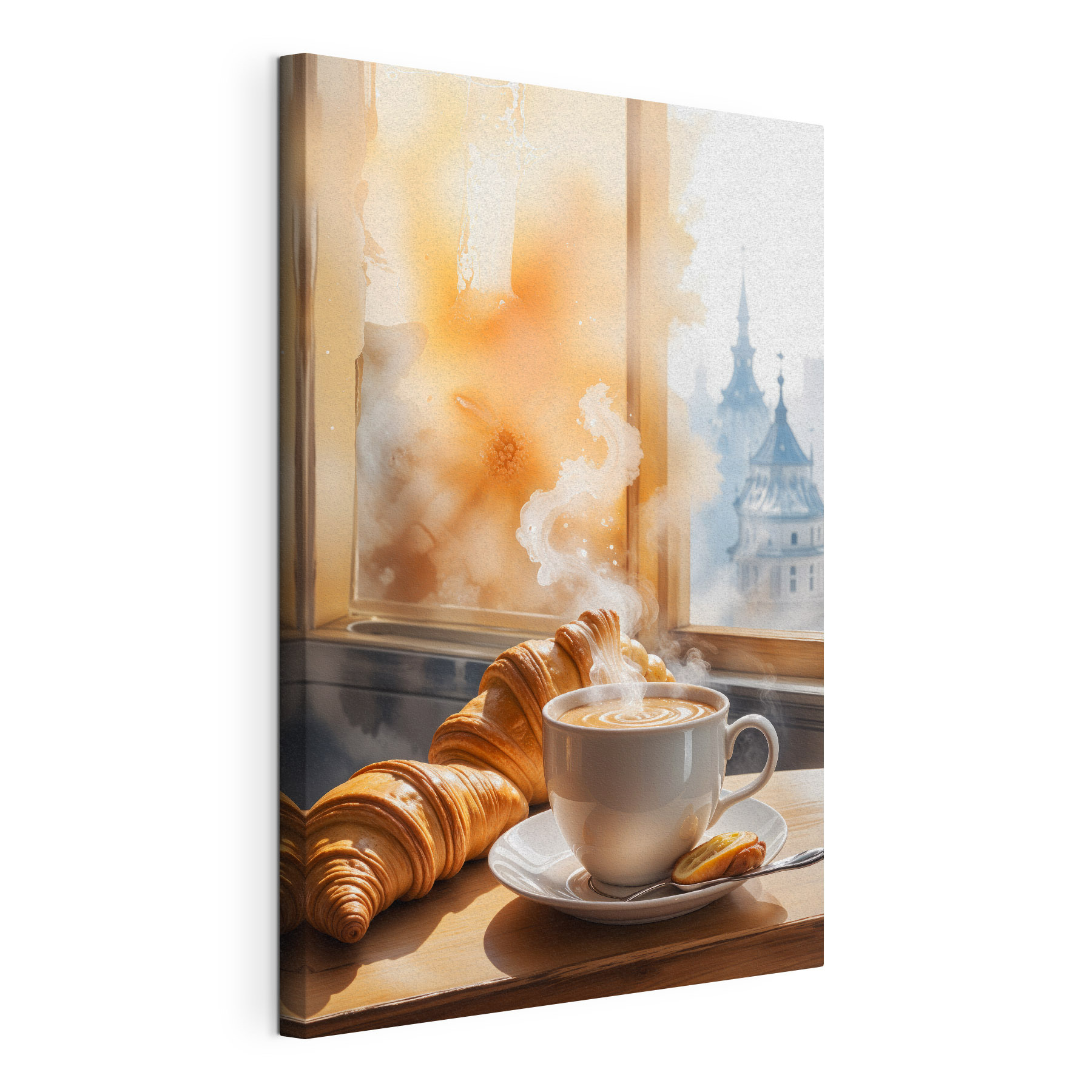 Cup of coffee and croissants on a table