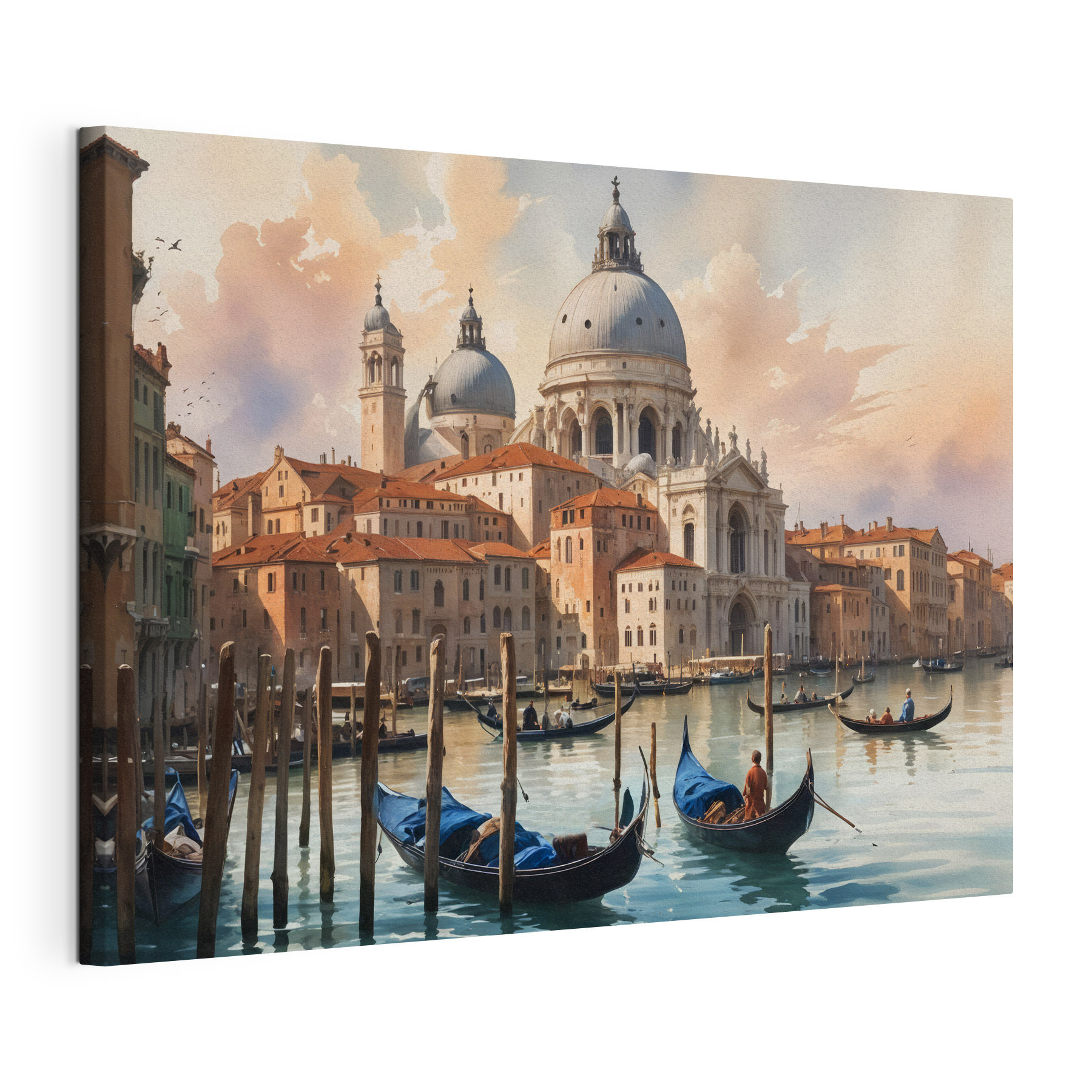 Group of gondolas in a body of water with a large building in the background Group of gondolas in a body of water with a large building in the background