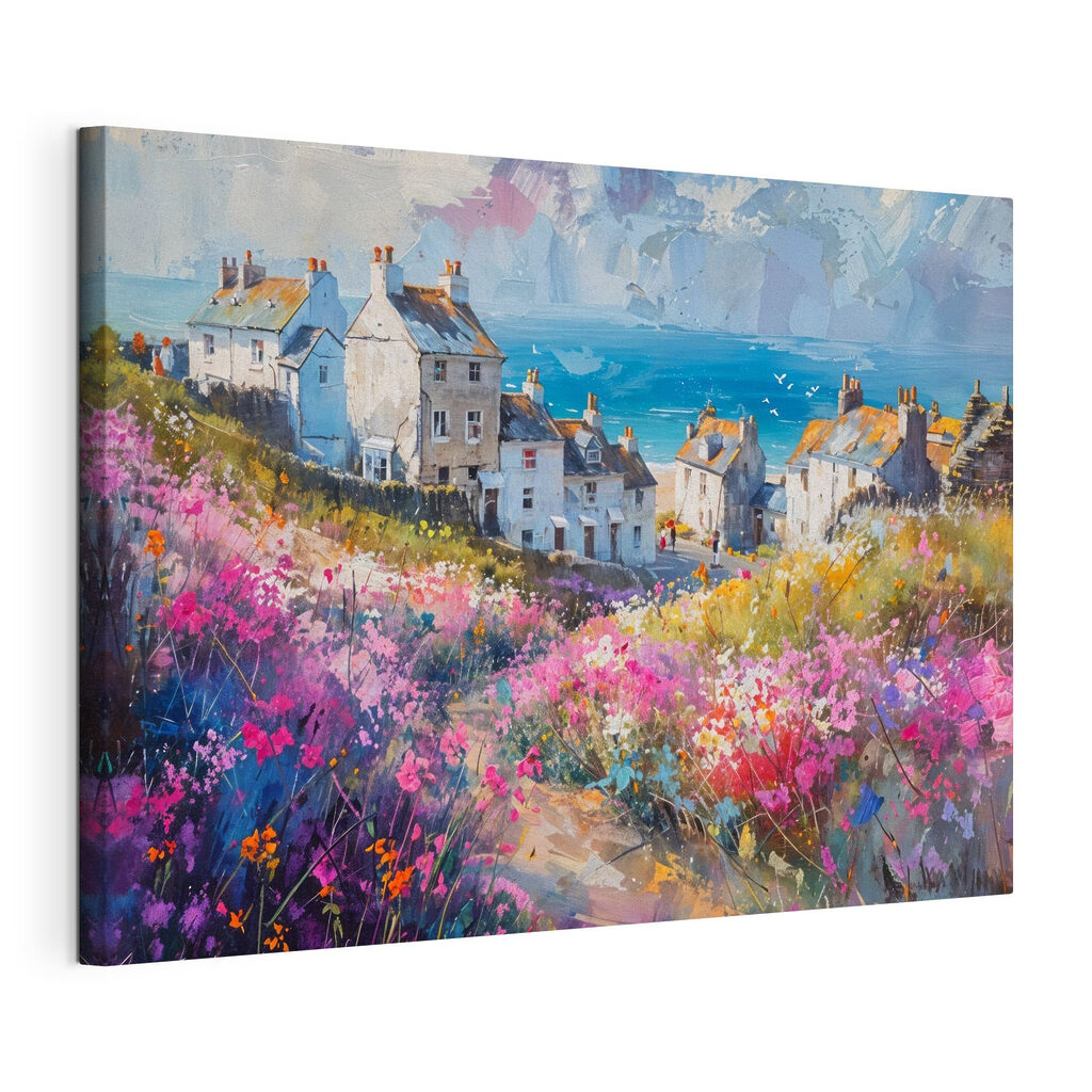 Painting of a village with flowers Painting of a village with flowers